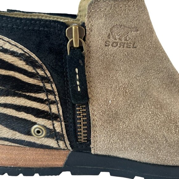 Sorel Joan Major Low Bootie Women 8 Tan Suede Zebra Stripe Pony Hair Taupe Boots - Picture 15 of 16